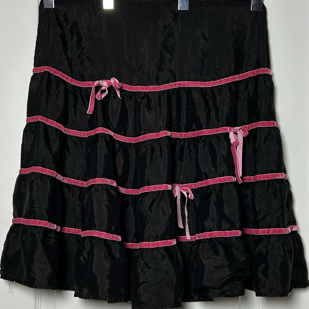 Morbid Threads Vintage Y2K 2000s Black Tiered Ruffle Pink Velvet Ribbon Skirt